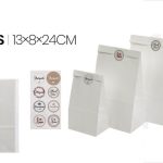 Bolsa de papel kraft blanca con fondo rectangular de 13 x 8 x 2 pulgadas