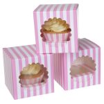 Caja de rayas rosas y blancas con ventana para 1 cupcake